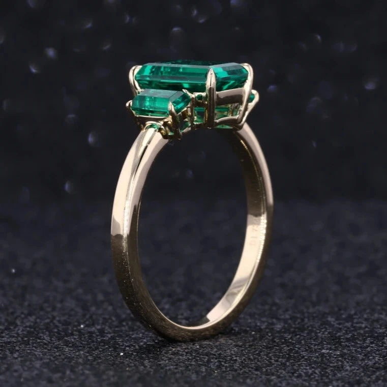 6*9mm Emerald Cut Emerald Three Stone Ring in 14K Solid Yellow Gold
