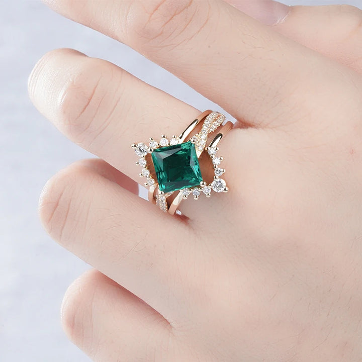 8x8mm, 2.20ct Princess Lab-Grown Colombian Emerald with Twisted-Pavé Band Ring with Two Stacking Diamond Rings in 14K Yellow Gold