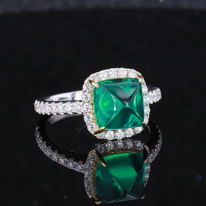 8x8mm, 2.50ct Sugar-loaf Lab-Grown Colombian Emerald with Diamond Halo/Band Ring in 14K White Gold