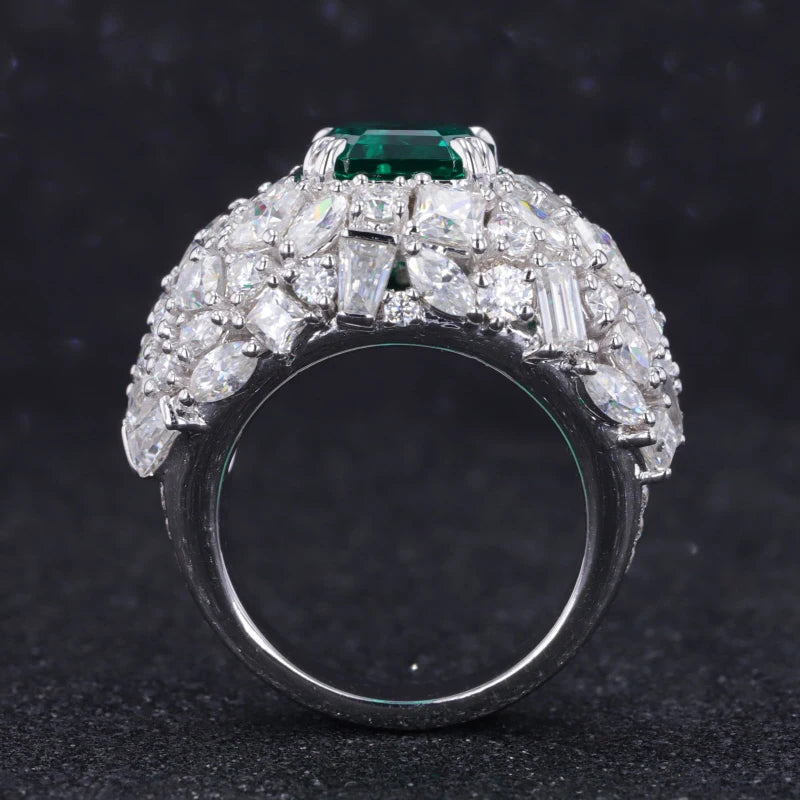 8.5*8.5mm Asscher Cut Zambian Green Emerald with All-Cut Moissanite on Band Ring in 18K Solid White Gold