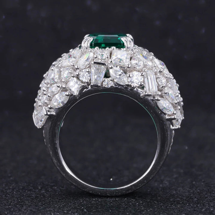 8.5x8.5mm, 3.00ct Asscher Cut Zambian Emerald with All-Cut Diamond on Band Ring in 18K White Gold