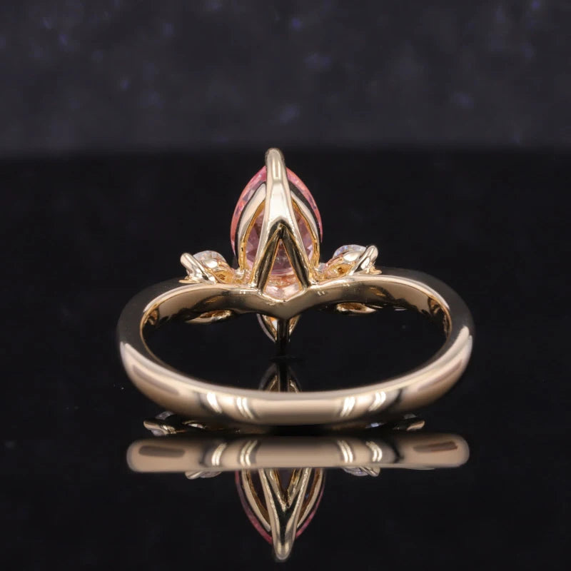 5x7mm, 0.85ct Pear Lab-Grown Pink Sapphire Ring with Marquise Diamond Accents in 14K Yellow Gold