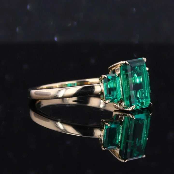 6x9mm, 2.50ctw Emerald Lab-Grown Zambian Emeralds Three-Stone Ring in 14K Yellow Gold