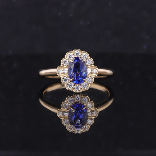 5*7mm Oval Cut Blue Sapphire Ring with Moissanite Halo in 14K Solid Yellow Gold