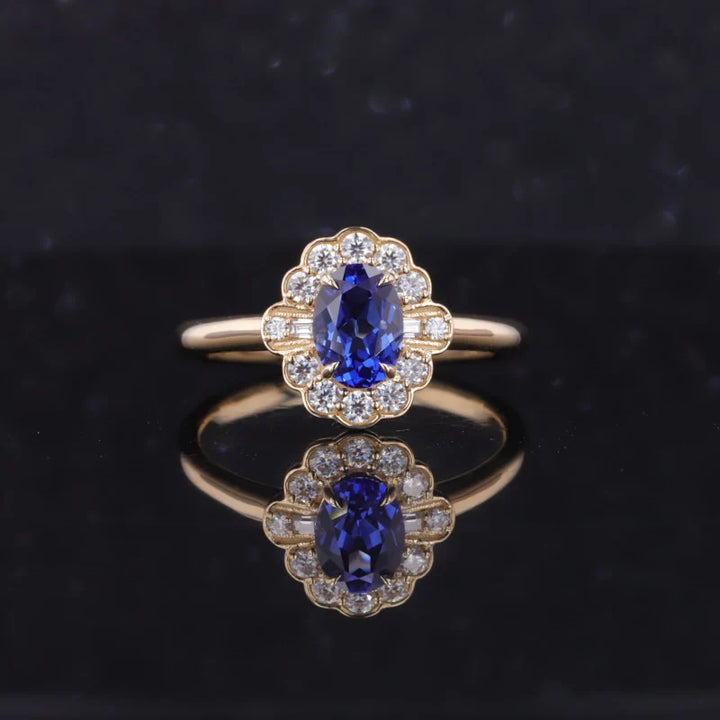 5x7mm, 1.00ct Oval Lab-Grown Blue Sapphire with Diamond Halo Vintage Ring in 14K Yellow Gold