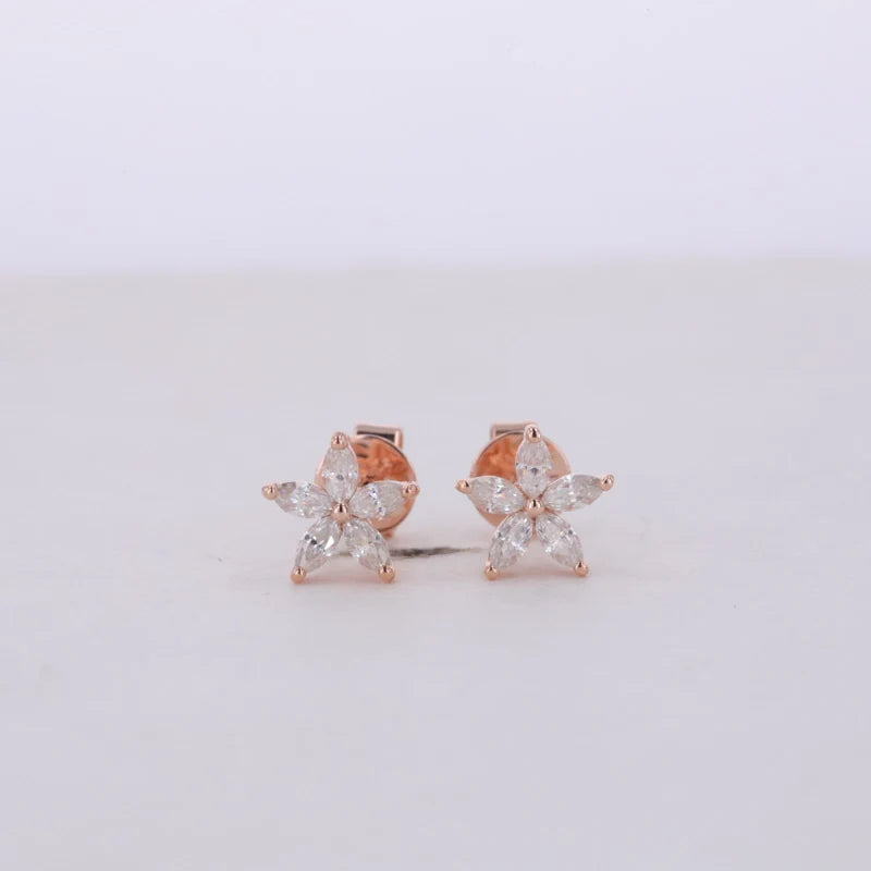 Five Petal Flower Diamond Earrings in 14K Solid Rose Gold