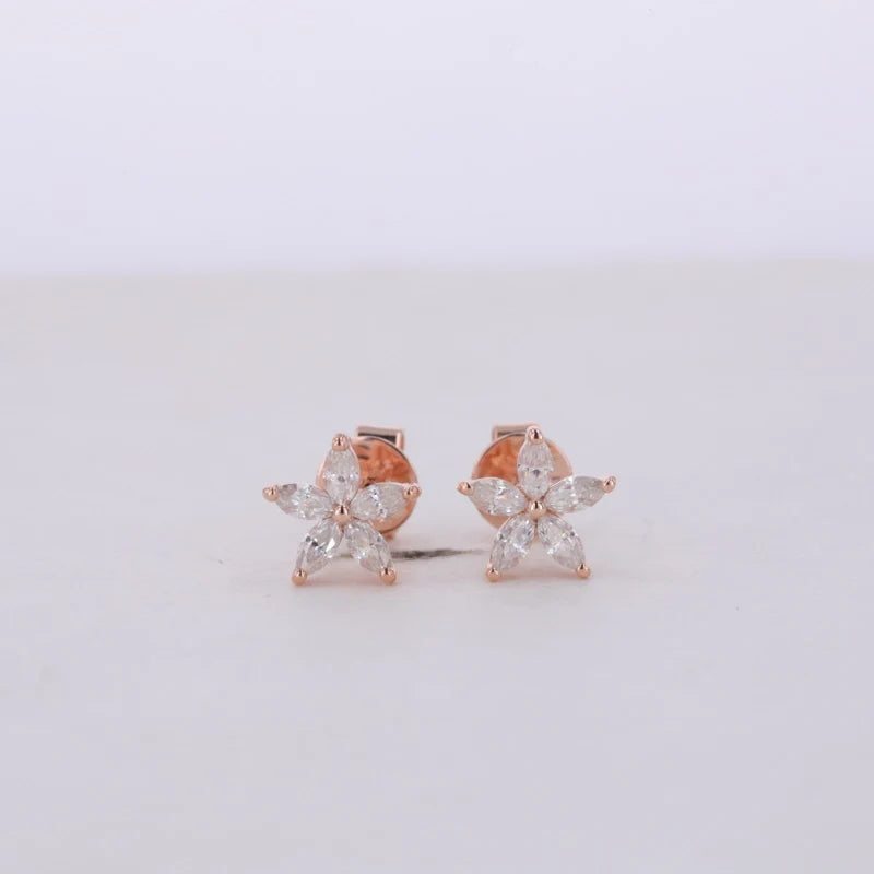1.5*3mm Five Petal Flower Diamond Earrings in 10K Solid Rose Gold