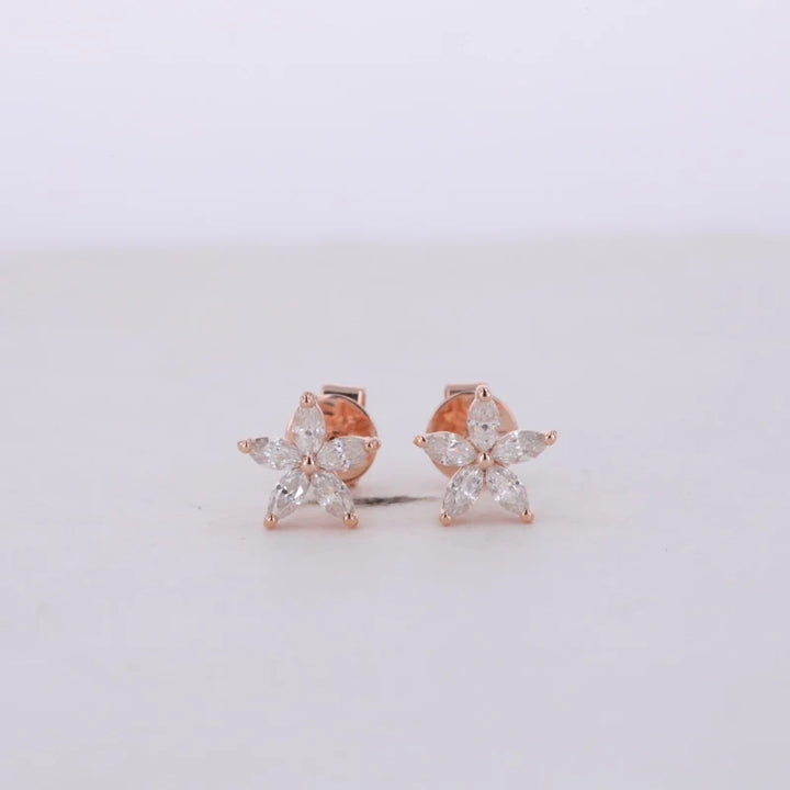 Five Petal Flower Diamond Earrings in 14K Solid Rose Gold
