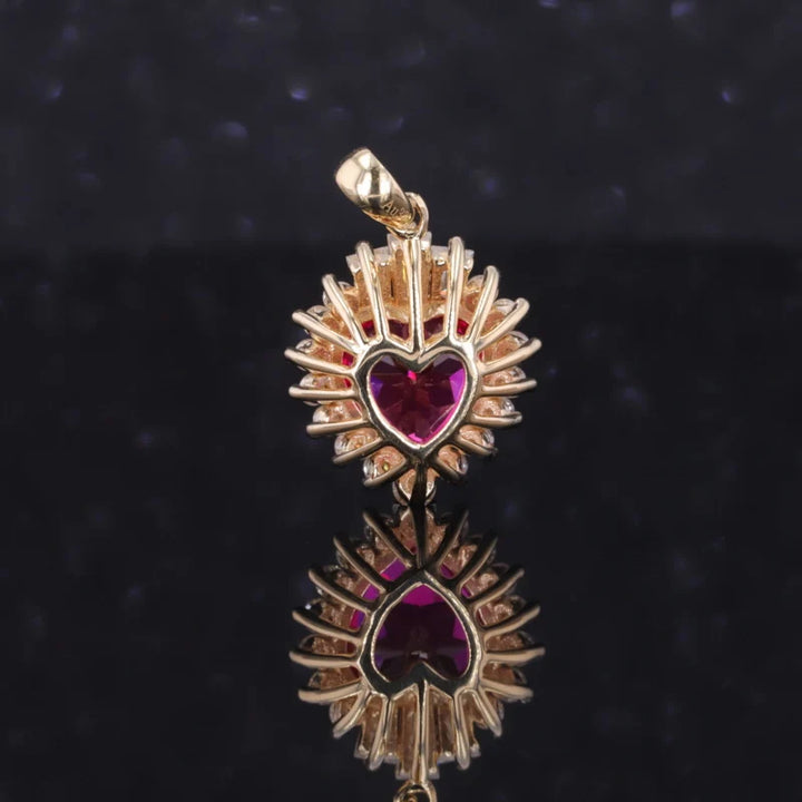 7mm, 2.00ct Heart Lab-Grown Red Ruby Pendant with Diamond Accents in 14K Yellow Gold