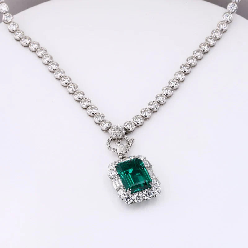 3.5mm Emerald Pendant with Bezel Set Moissanite Tennis Necklace with 10K White/Yellow Gold