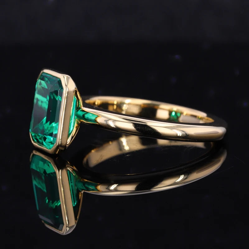 8x12mm, 5.50ct Lab-Grown Zambian Emerald Bezel-Set Ring in 18K Yellow Gold