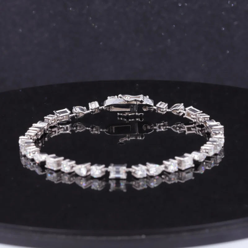 Round, Pear, Emerald Cut Moissanite Tennis Bracelet in 14K Solid White/Yellow Gold