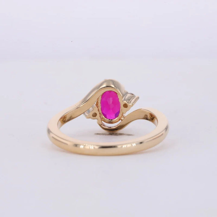 5*7mm Oval Cut Red Ruby with Diamond Twisted Band Ring in 10K Solid Yellow Gold