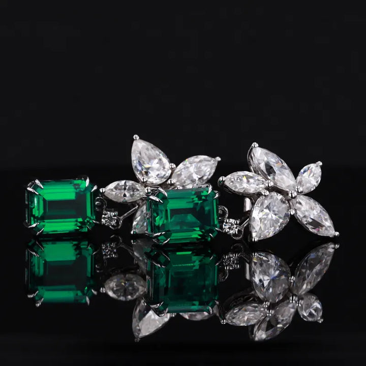 5x7mm, 1.00ct Each Lab-Grown Zambian Emerald Dangle Earrings with Marquise Diamond Flower in 14K White Gold