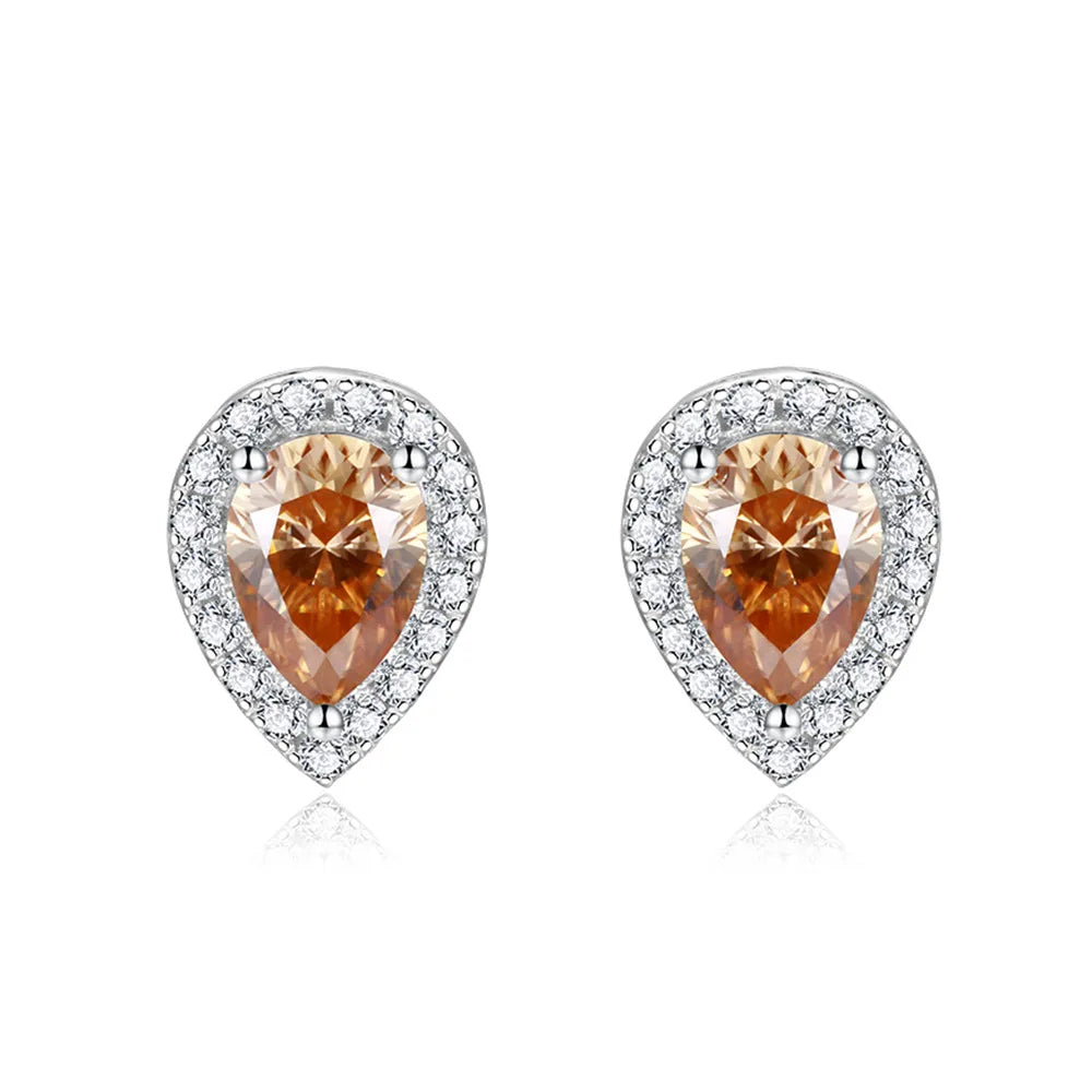 Pear Cut Colored Stud Halo Moissanite Earrings in Platinum-Plated 925 Sterling Silver