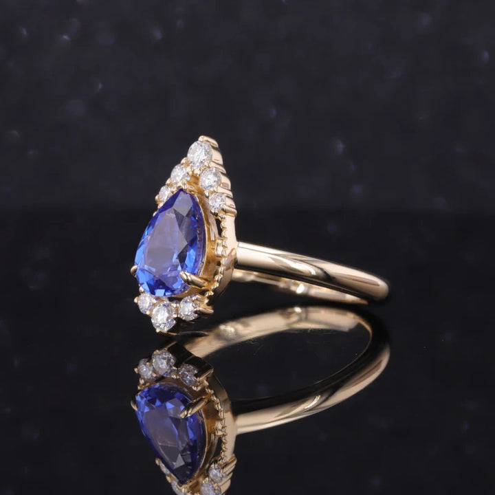 6x9mm, 1.80ct Pear Lab-Grown Blue Sapphire with Diamond Accents in 14K Yellow Gold