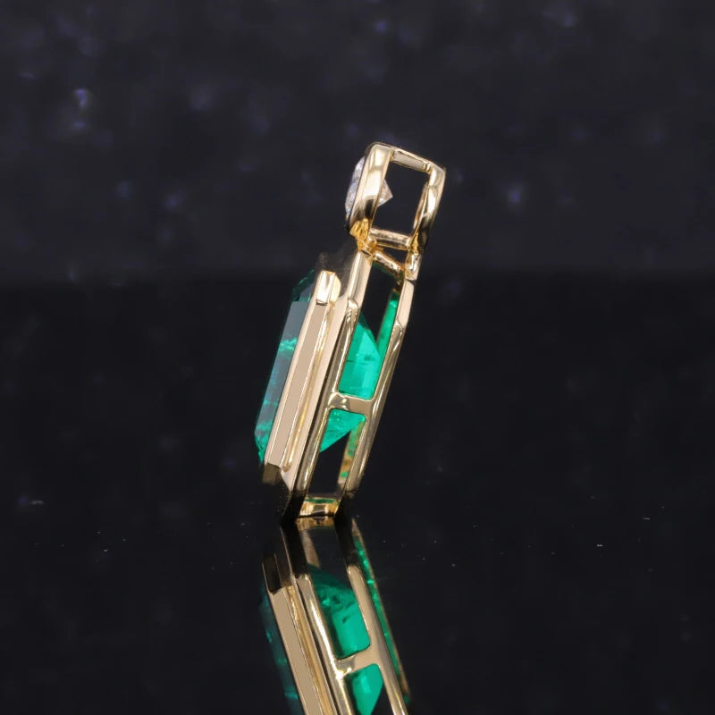 7x10mm Lab Emerald Moissanite Pendant with Moissanite Bezel Setting in 18K Yellow Gold Pendant