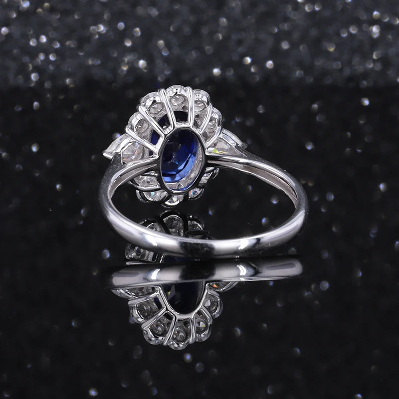 6x8mm, 1.75ct Oval Lab-Grown Blue Sapphire Ring with Diamond Halo in 14K White Gold