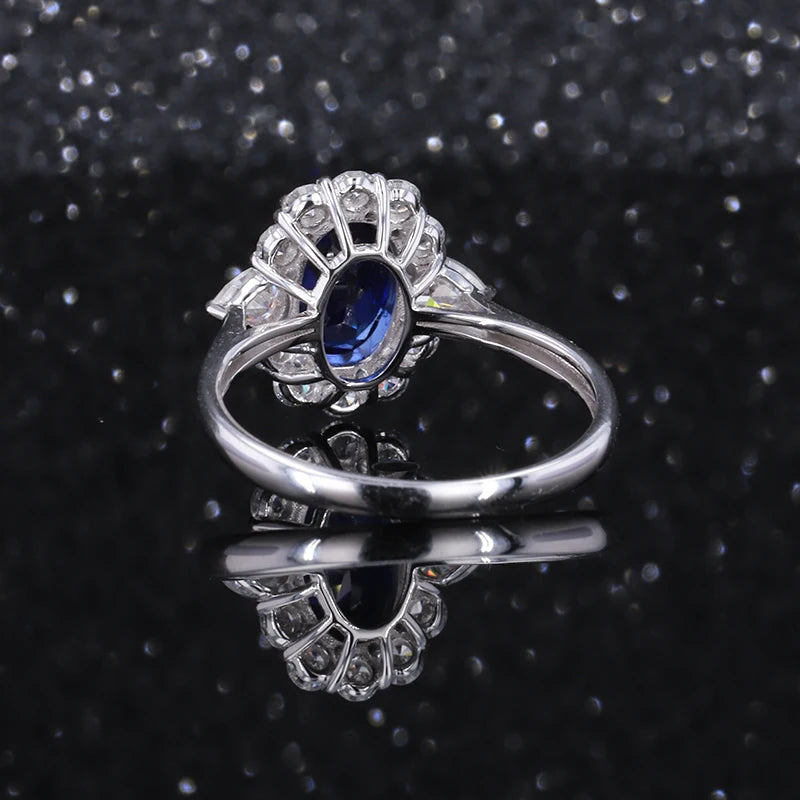 6*8mm Oval Cut Blue Sapphire Ring with Moissanite Halo in 14K Solid White Gold