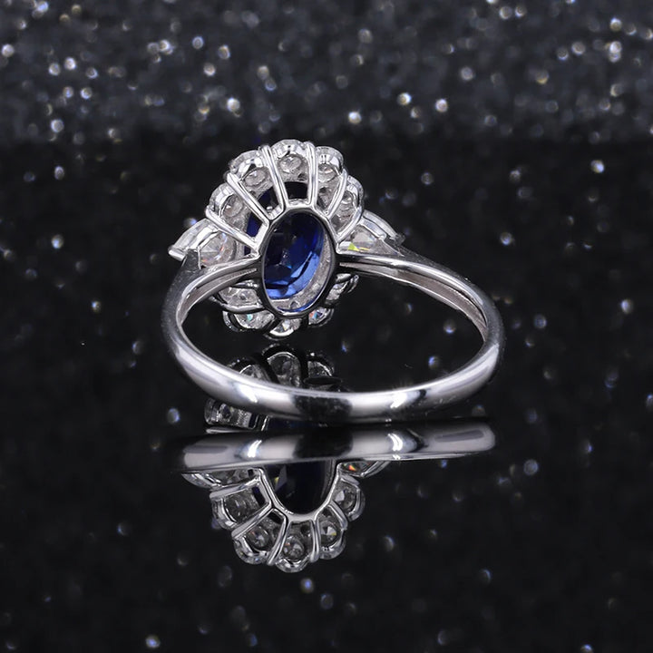 6x8mm, 1.75ct Oval Lab-Grown Blue Sapphire Ring with Diamond Halo in 14K White Gold