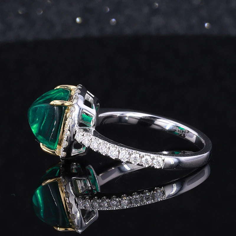 8x8mm, 2.50ct Sugar-loaf Lab-Grown Colombian Emerald with Diamond Halo/Band Ring in 14K White Gold