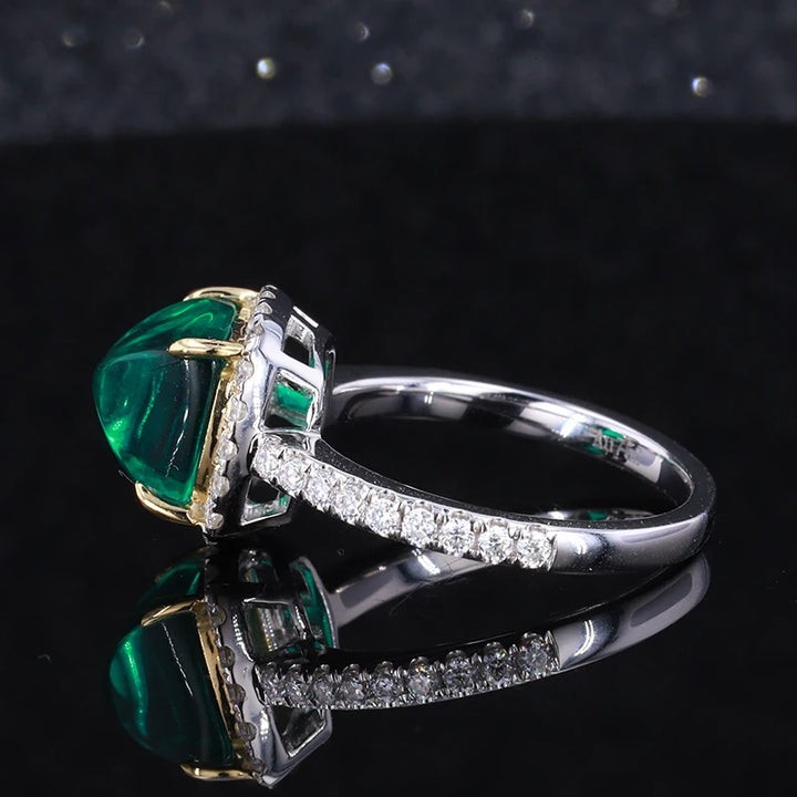8x8mm, 2.50ct Sugar-loaf Lab-Grown Colombian Emerald with Diamond Halo/Band Ring in 14K White Gold
