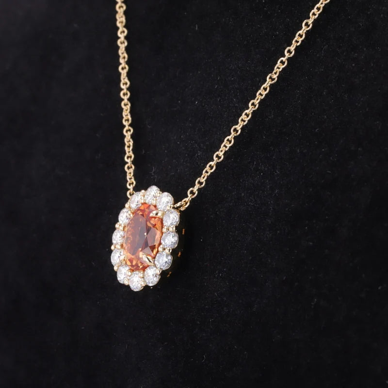 5*7mm Oval Cut Gold Orange Sapphire and Moissanite Pendant with Rolo Necklace in 14K Solid Yellow Gold