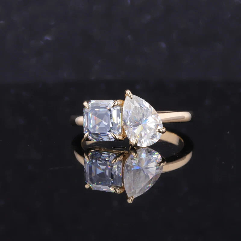 6*9mm Pear and 6.5mm Grey Asscher Cut Moissanite Toi Et Moi Ring in 10K Solid Yellow Gold