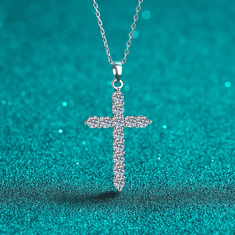 Cross Moissanite Pendant Necklace in Platinum Plated 925 Silver