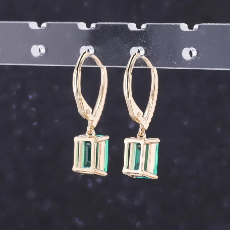 5x7mm, 1.00ct Each Lab-Grown Colombian Emerald Dangle Earrings with Diamonds in 10K Yellow Gold