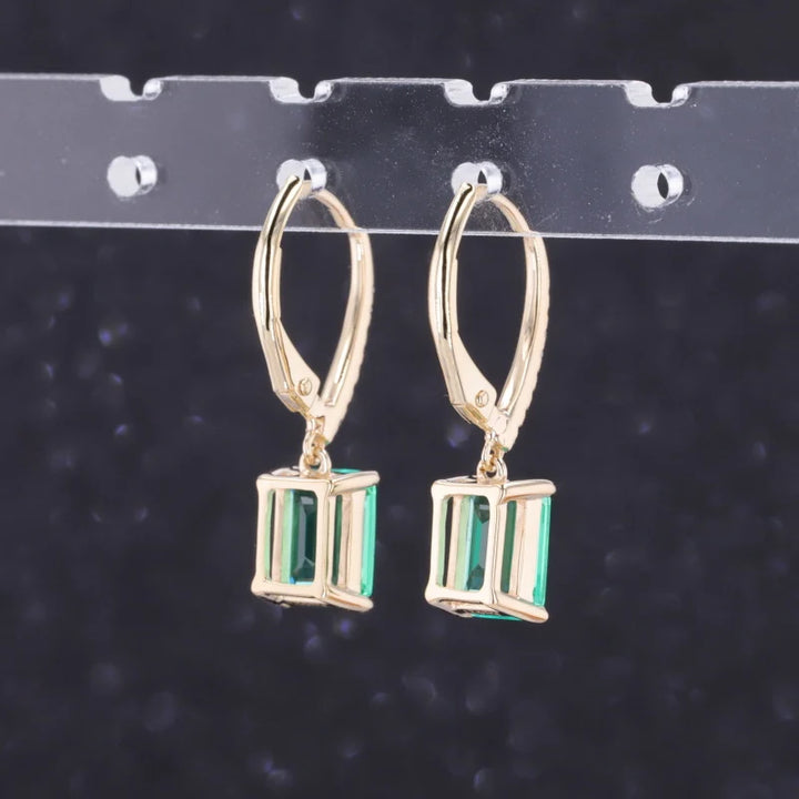 5x7mm, 1.00ct Each Lab-Grown Colombian Emerald Dangle Earrings with Diamonds in 10K Yellow Gold