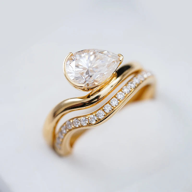 7*10mm Pear Cut Moissanite Curved Ring with Stackable Pave Ring in 18K Solid Yellow Gold
