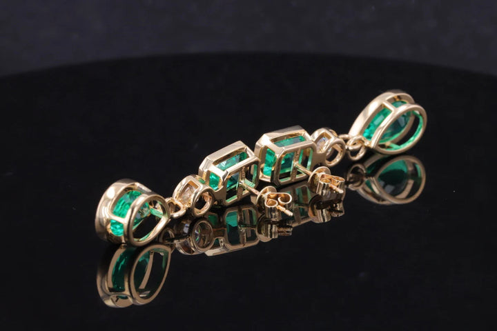 8x12mm Pear & 7x9mm Emerald Cut 4.90ctw Lab-Grown Colombian Emerald Bezel-Set Dangle Earrings with Diamond in 14K Yellow Gold