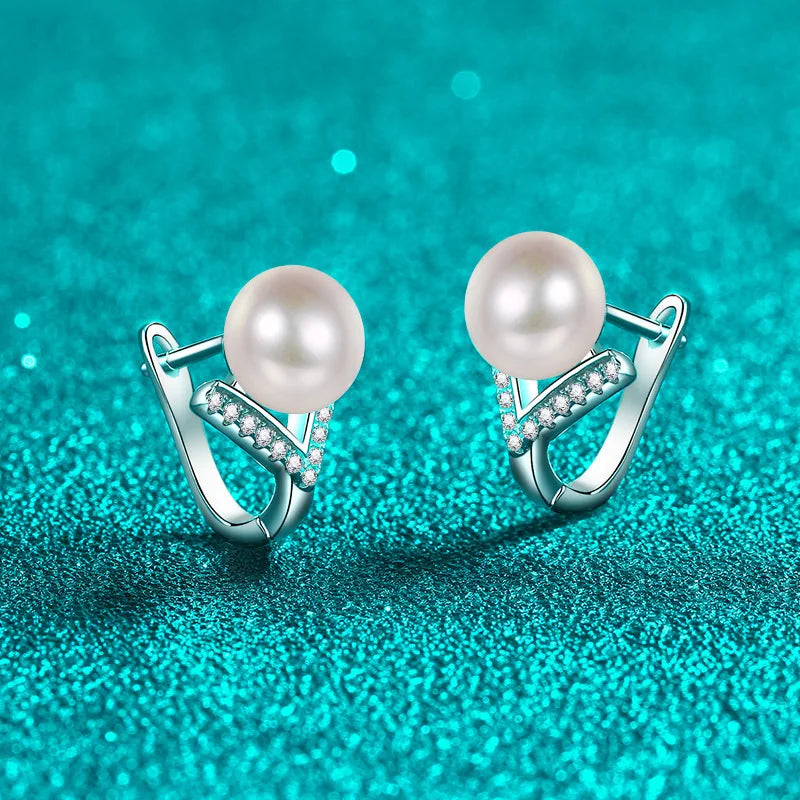8mm Pearl Moissanite Y-design Earrings in Platinum Plated 925 Silver