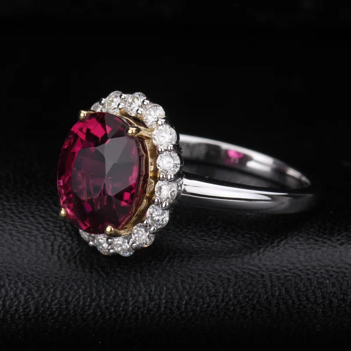 8*10mm Oval Cut Red Ruby Ring with Diamond Halo in 18K Solid White Gold
