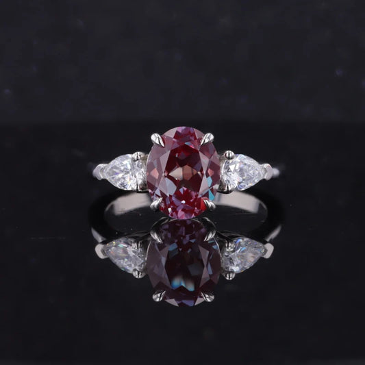 8*10mm Oval Cut Alexandrite with Pear Cut Diamond Three Stone Ring in Solid Platinum 950