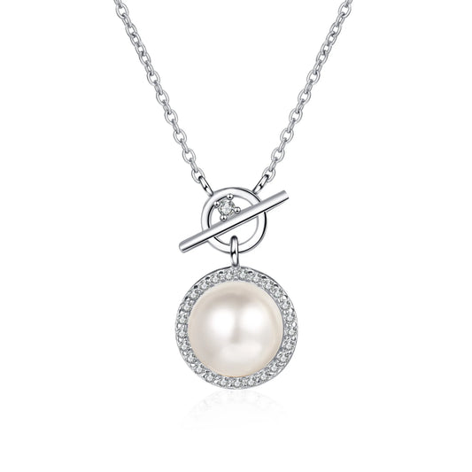 8mm Pearl with Moissanite Halo Pendant Necklace in Platinum Plated 925 Silver