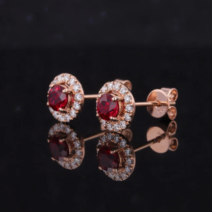 4.5mm, 0.50ct Each Round Lab-Grown Red Ruby with Diamond Halo Earrings in 14K Rose Gold
