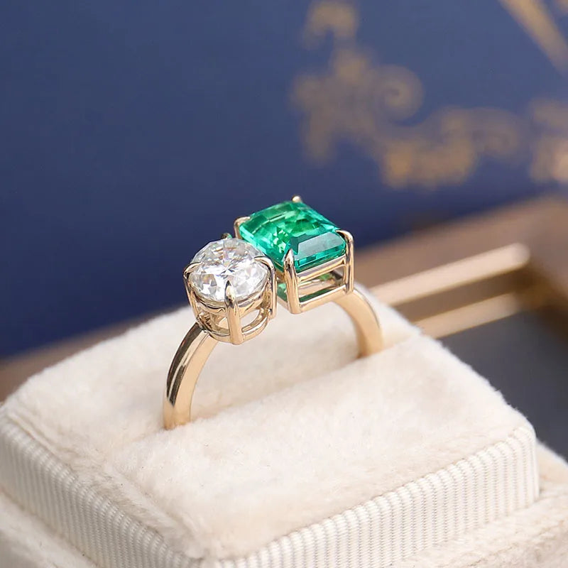 Customized 2ct Oval Moissanite & Emerald Colombia Lab gemstone Toi et Moi Two Stone Ring 14k Yellow Gold