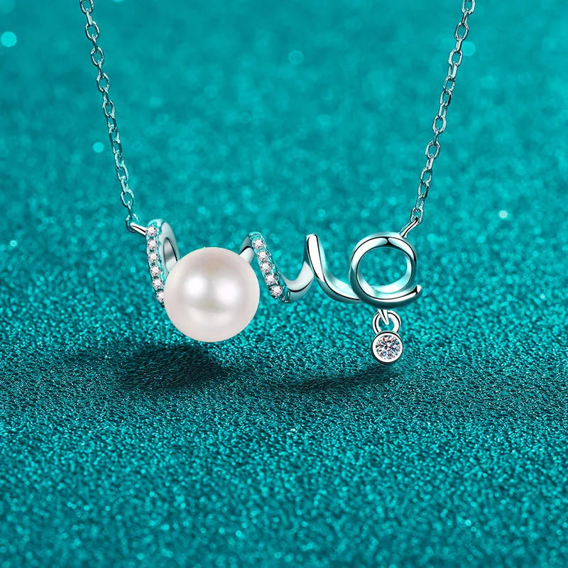 8mm Pearl with Moissanite "Love" Pendant Necklace in Platinum Plated 925 Silver