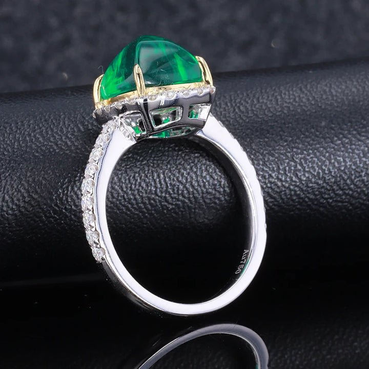 8x8mm, 2.50ct Sugar-loaf Lab-Grown Colombian Emerald with Diamond Halo/Band Ring in 14K White Gold