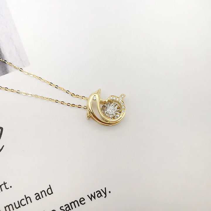 Dolphin Pendant Necklace with Dancing Diamond in 18K Solid Yellow Gold