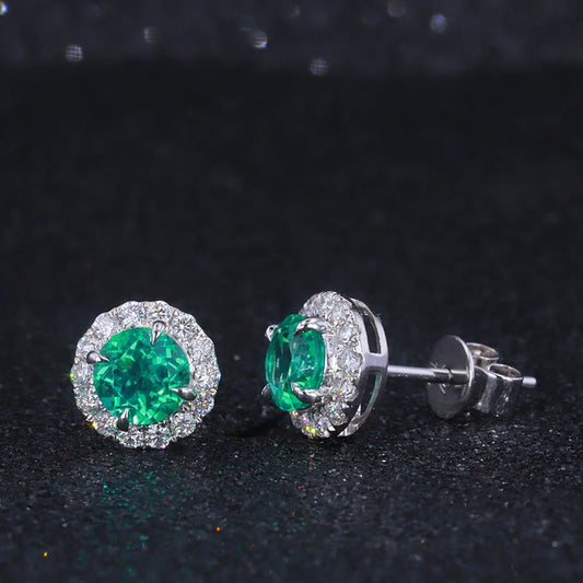 5mm Round Cut Emerald with Moissanite Halo Earrings in 18K Solid White Gold