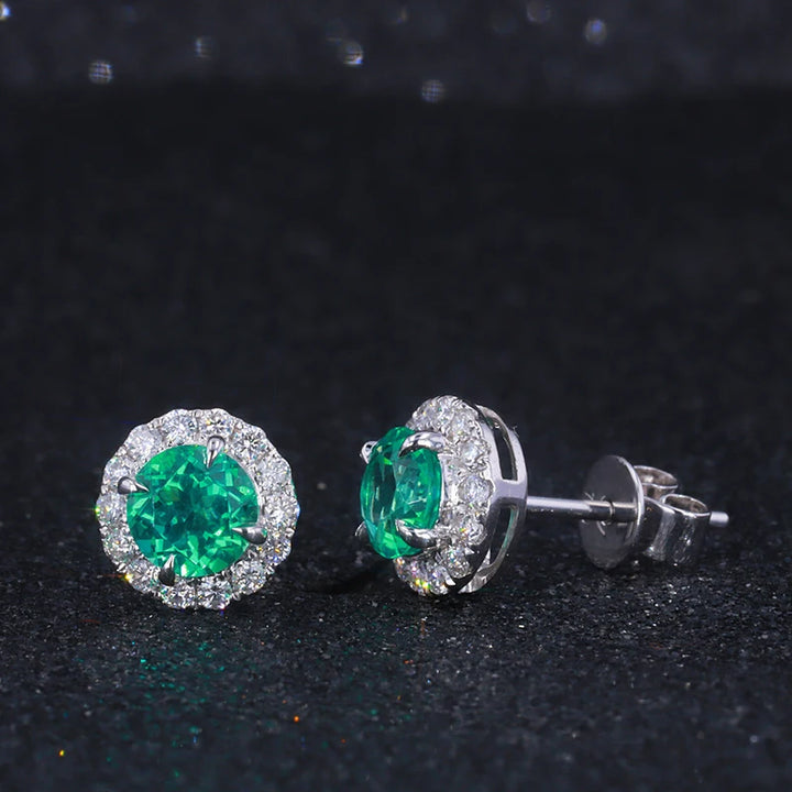 5mm, 0.5ct Each Round Lab-Grown Colombian Emerald with Diamond Halo Earrings in 18K White Gold