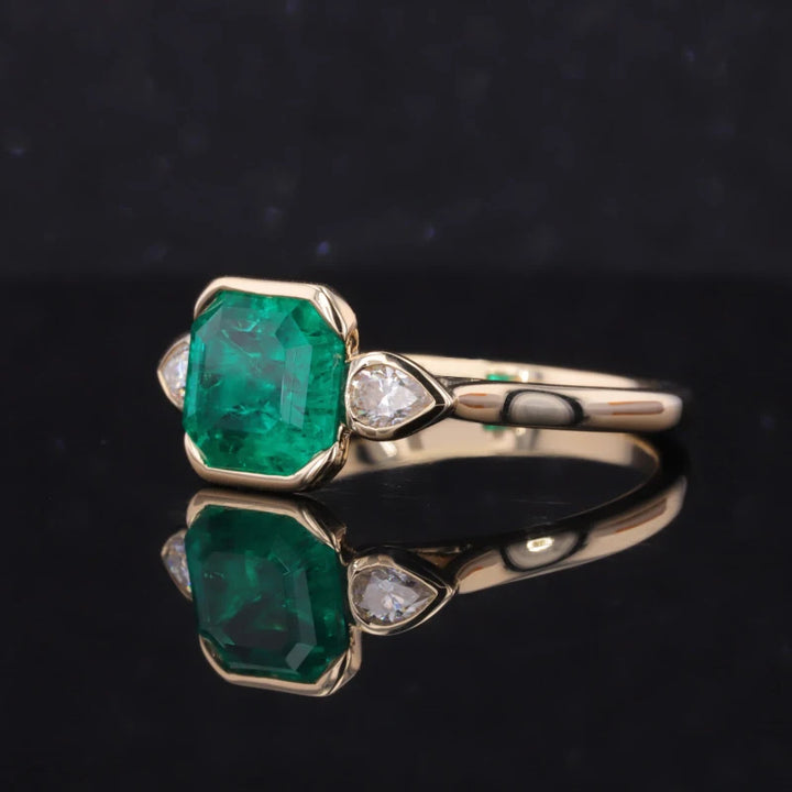 8x8mm, 2.00ct Asscher Lab-Grown Colombian Emerald with Pear Diamonds Three-Stone Ring in 14K Yellow Gold