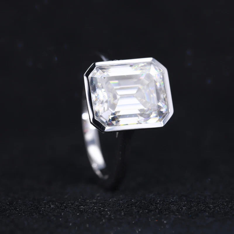 9x11mm Emerald Cut Moissanite Bezel-Set Solitaire Ring in 14K Solid White Gold