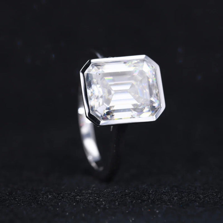 9x11mm Emerald Cut Moissanite Bezel-Set Solitaire Ring in 14K Solid White Gold