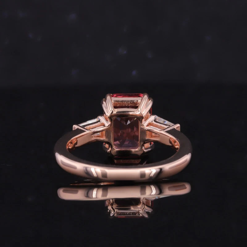 7*9mm Emerald Cut Parparadscha Pink Sapphire with Moissanite Ring in 10K Solid Rose Gold