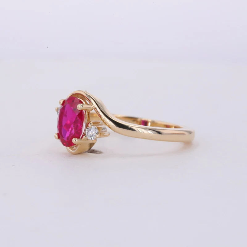 5*7mm Oval Cut Red Ruby with Diamond Twisted Band Ring in 10K Solid Yellow Gold