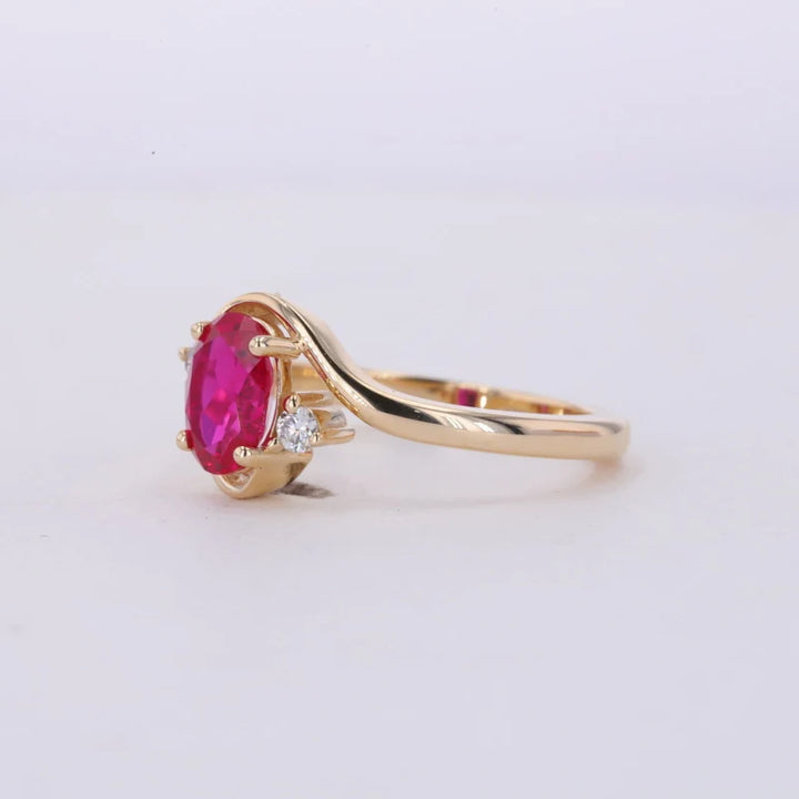 5*7mm Oval Cut Red Ruby with Diamond Twisted Band Ring in 10K Solid Yellow Gold